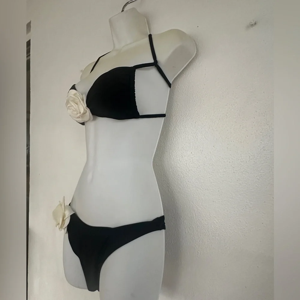 Black Bikini With Floral Accent And Ties